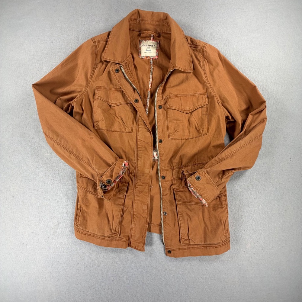 Old Navy Womens S Brown Utility Field Jacket Cotton Floral Lined Military Coat